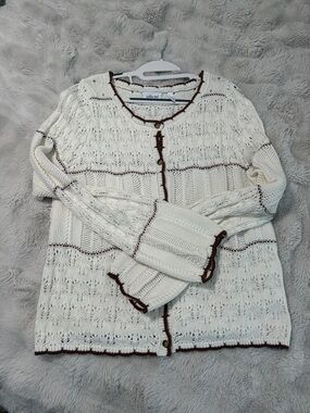 Cream Knit Cardigan with Brown Trim - Women's Cowl & Turtleneck